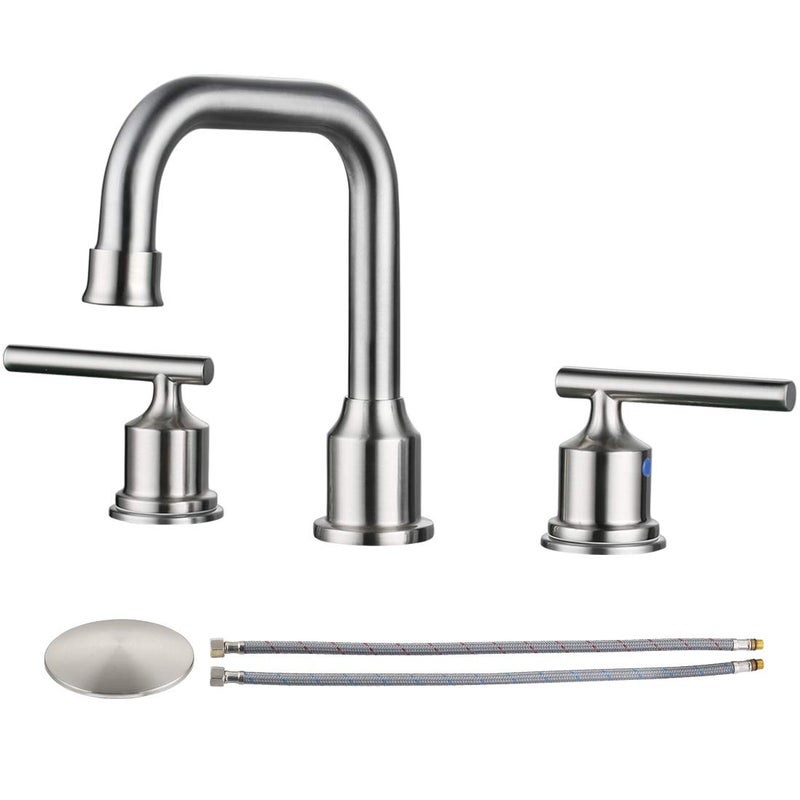 WOWOW 2 Handles 8 inch Widespread High Arc Bathroom Faucet Brushed Nickel Lavatory Faucet 3 Hole 360Â°Swivel Spout Modern Sink Basin Faucets - Image 1
